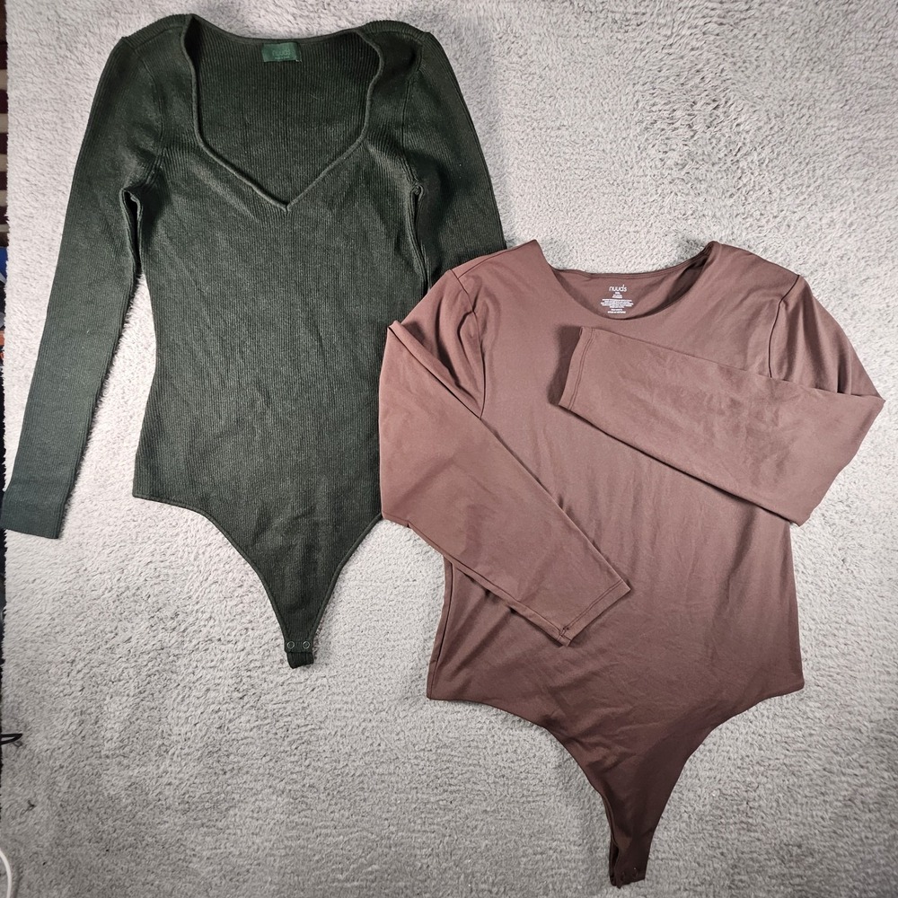 Nuuds Bodysuit Lot Of 2 Womens XXL Brown Green LS Snap Stretch Capsule Preppy
